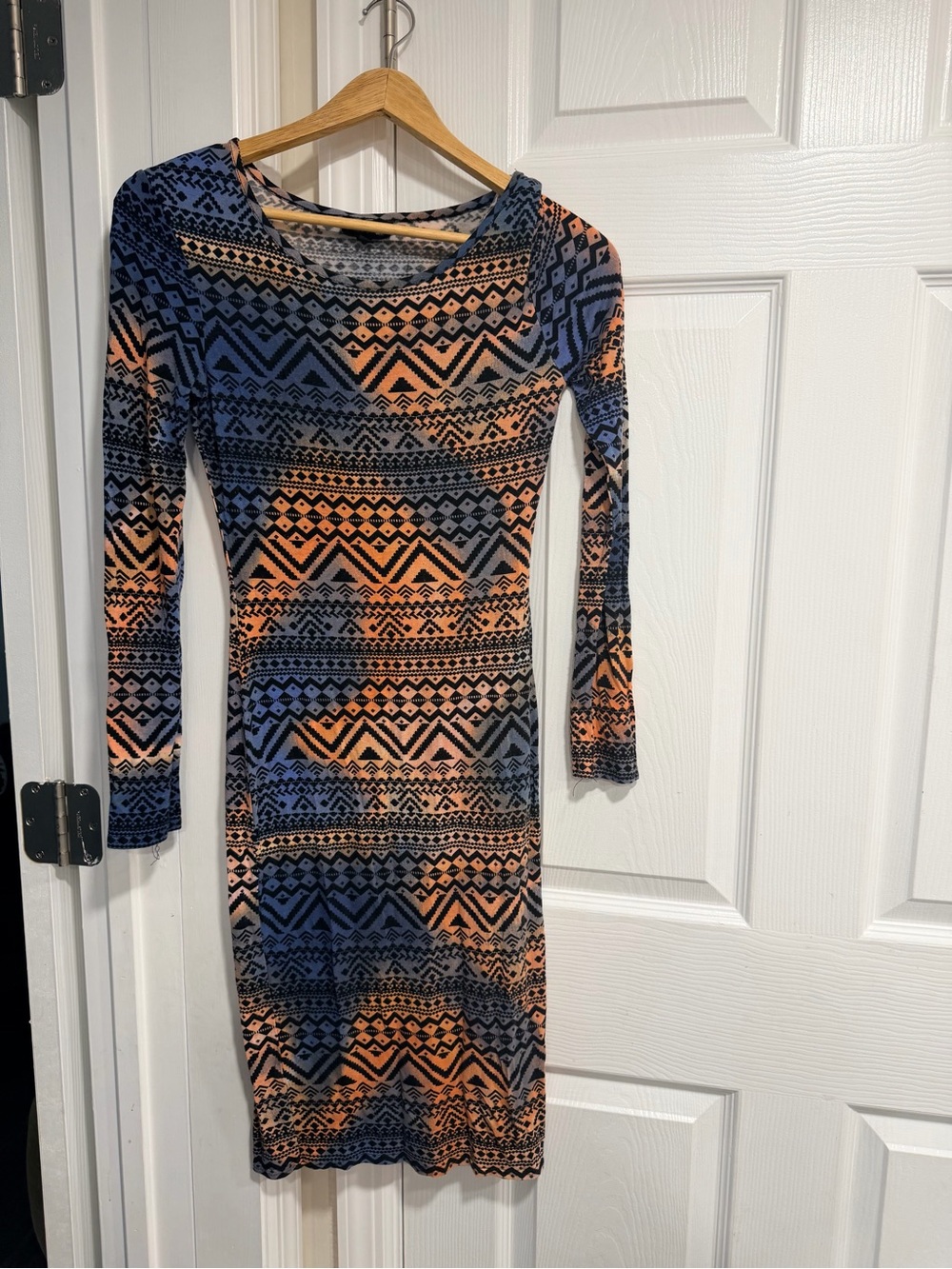 Topshop Geometric Long Sleeve Bodycon Dress in Blue & Peach
